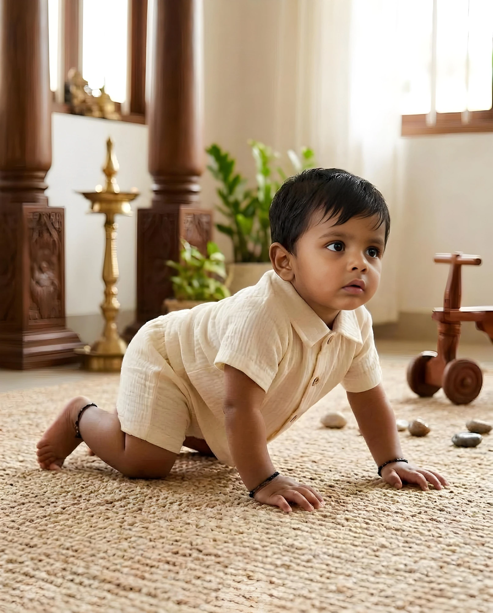 Beige Colour Crinkled Co-ord Set for Boys