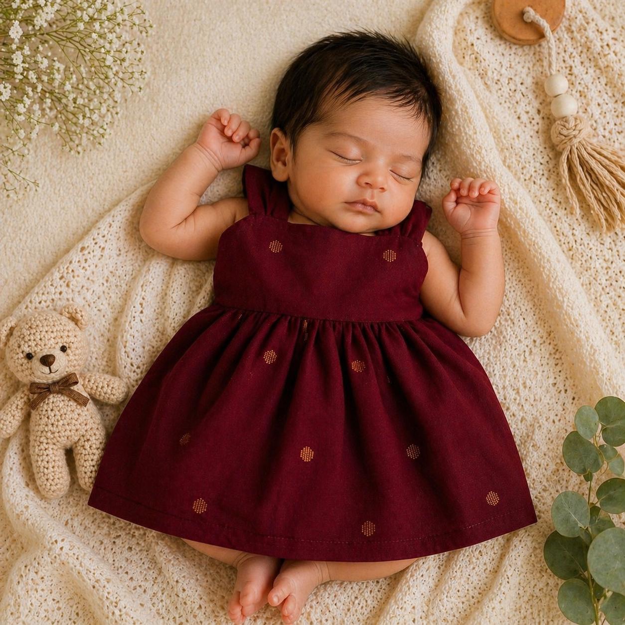 Maroon Zari Baby Frock with Cotton Lining - Festive Wear