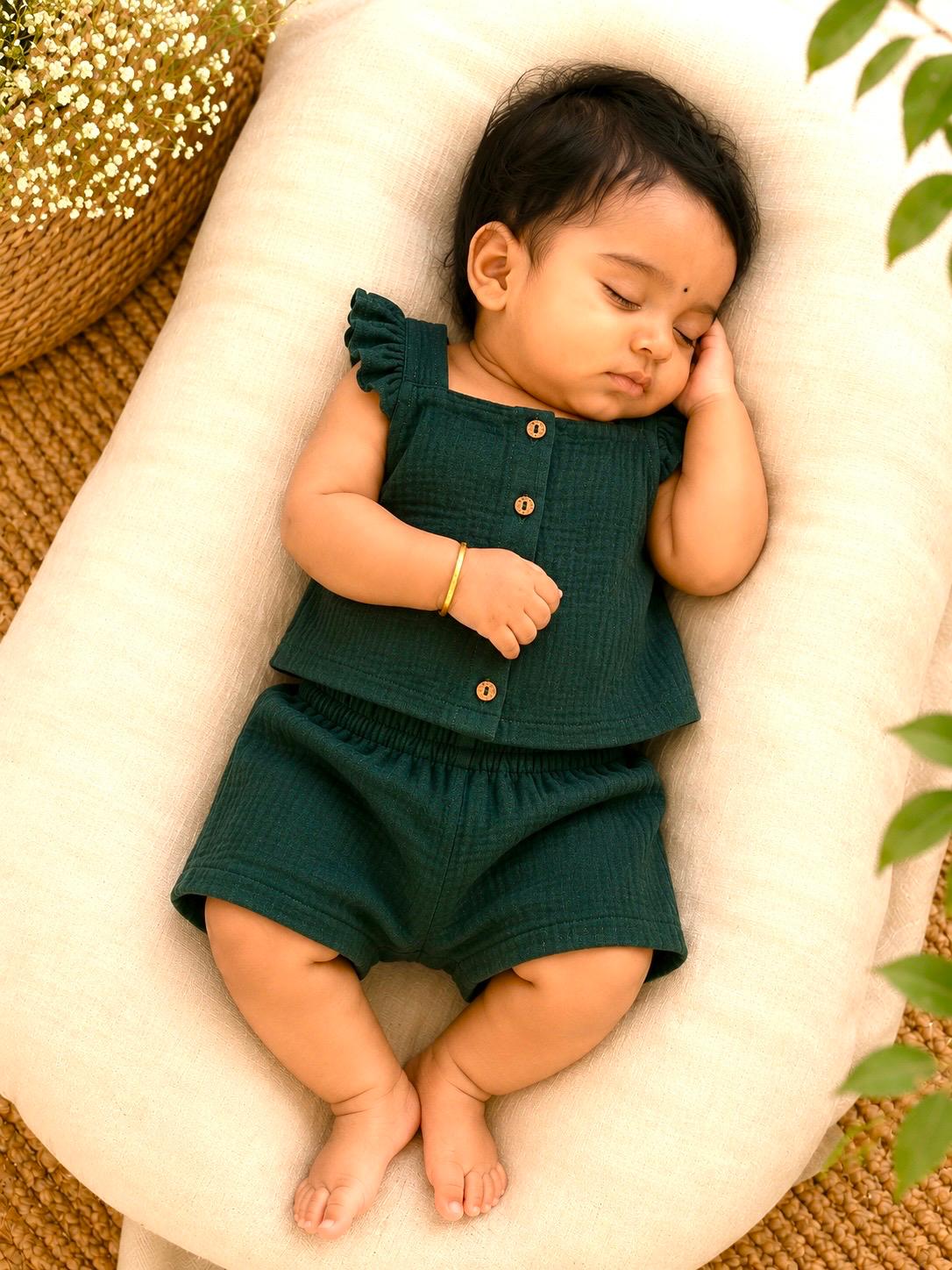 Green Crinkled Muslin Co-ord Set for Girls