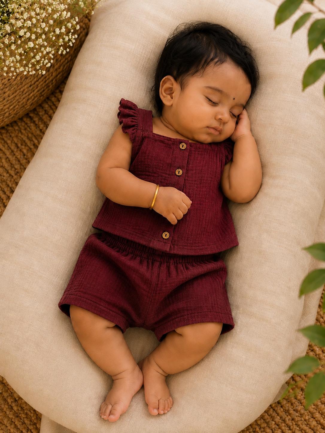Maroon Crinkled Co-ord Set for Girls