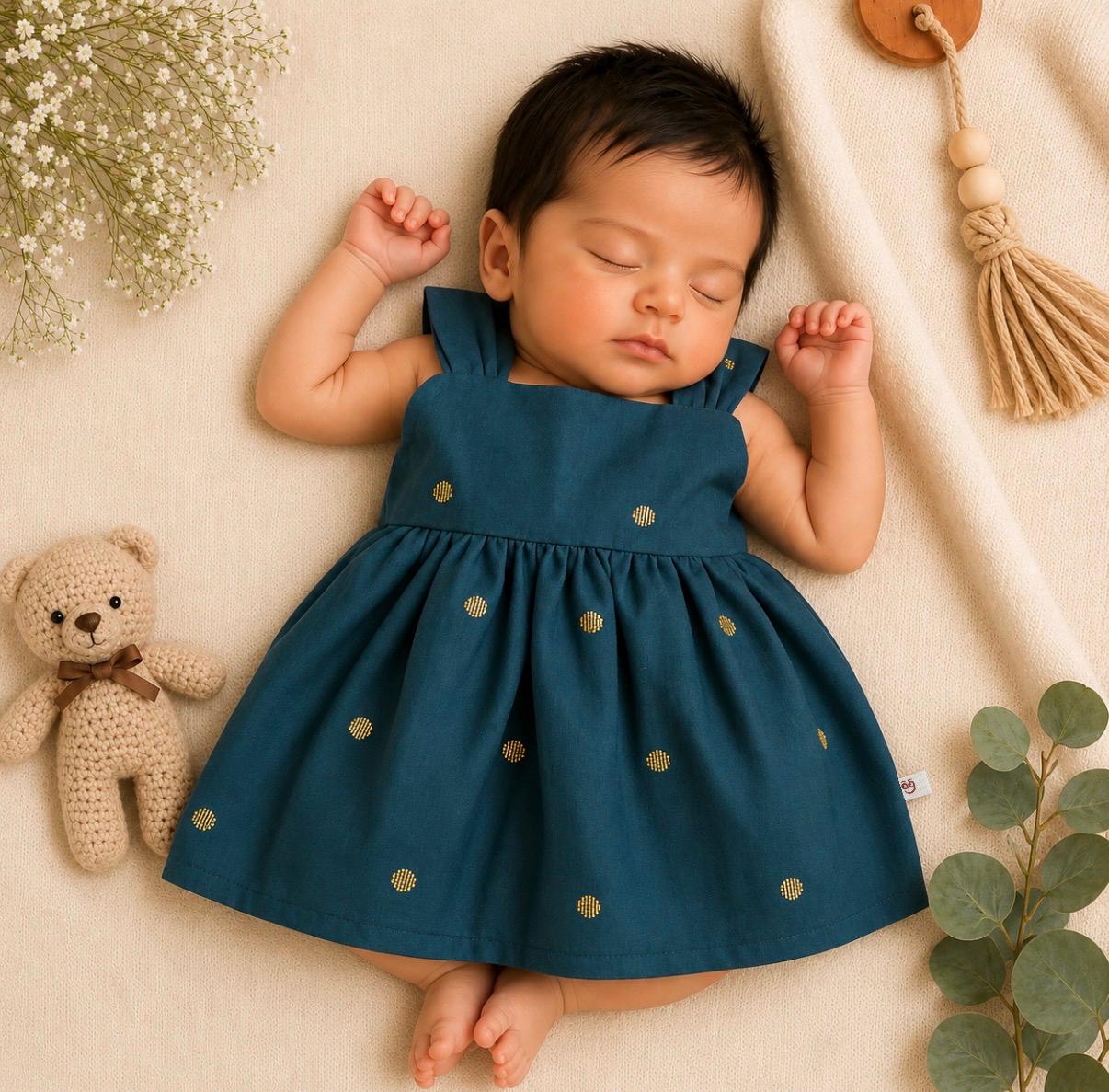 Teal Blue Gold Zari Butta Baby Frock - Festive Wear