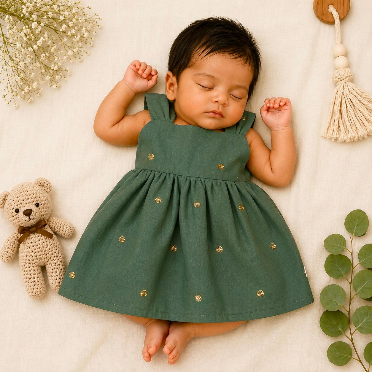 Sage Green Gold Butta Cotton Lined Baby Frock - Festive Wear